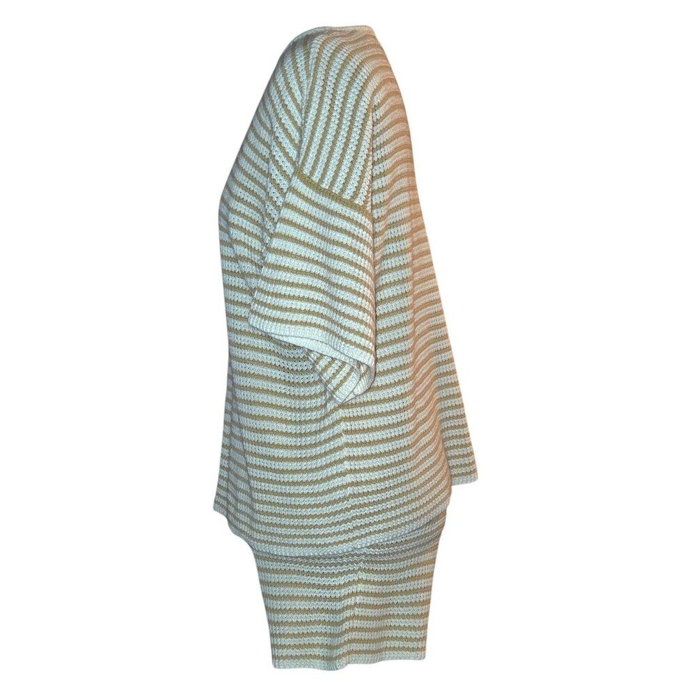 Sabo Beige Stripe Knit Two-Piece High Waisted Lounge Resort Vacation Short Set-S - Picture 4 of 8